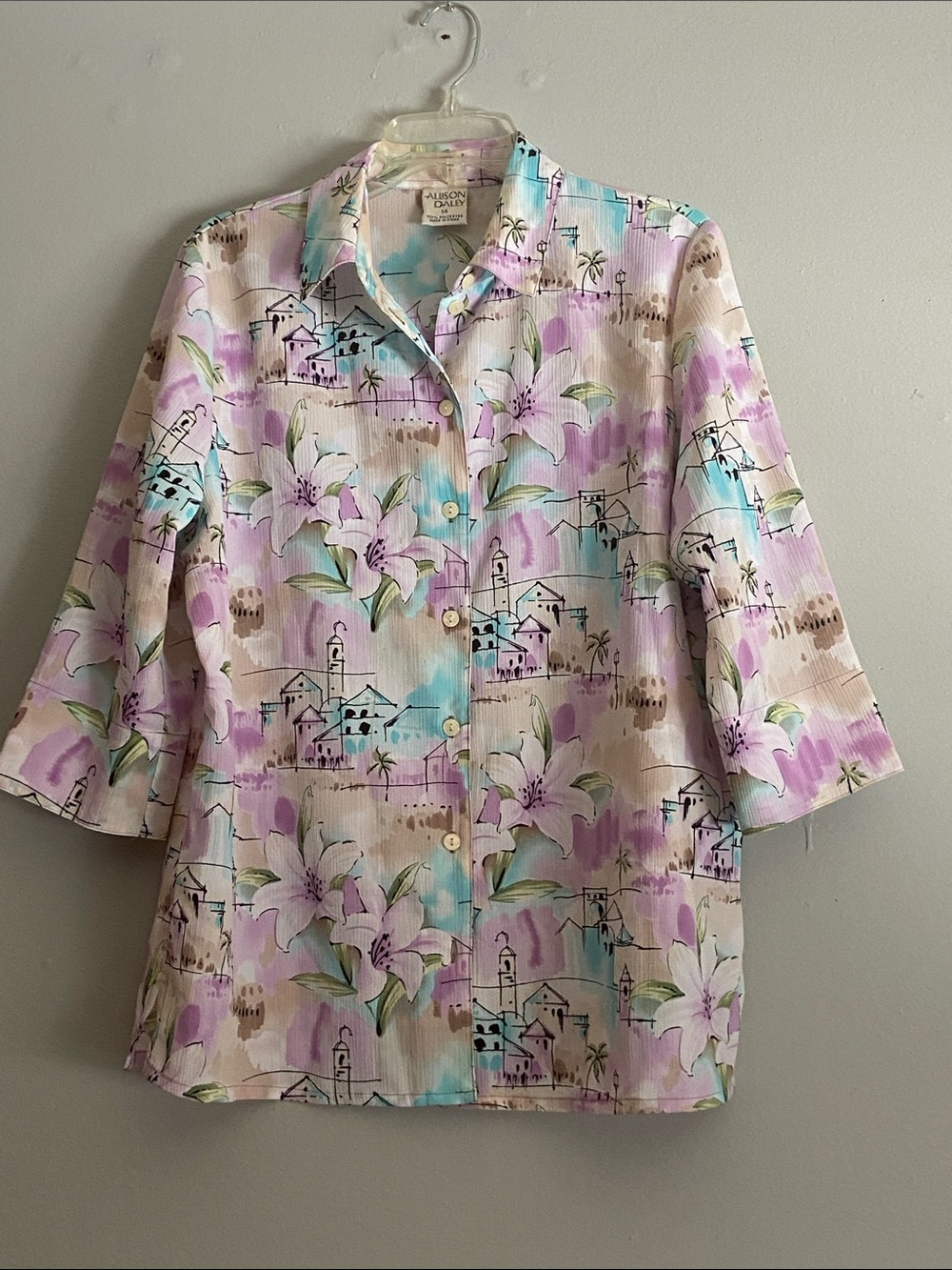 Vintage Allison Daley Floral Button-Front Shirt in Lavender, Aqua & Cream Sz 14